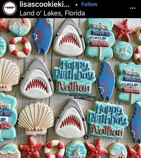 Family At The Beach, Instagram Cookies, Shark Cookies, Shark Themed Birthday Party, Royal Iced Cookies, Lisa S, Shark Party, 19th Birthday, Pretty Cookies