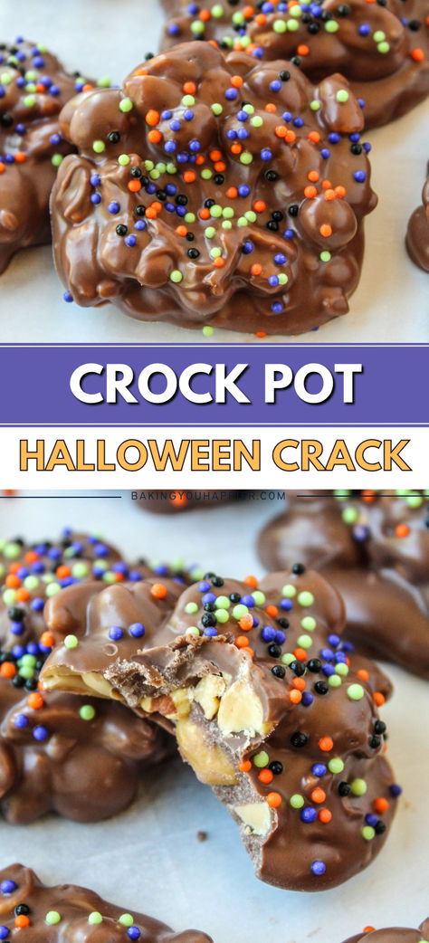 Crock Pot Halloween Crack, these delicious sweet and salty clusters are so addictive and super easy to make for any holiday! Halloween Crock Pot Recipes, Cheap Thanksgiving Desserts, Crock Pot Candy, Candy Corn Recipe, Sweet Easy Recipes, Crockpot Candy, Thanksgiving Desserts, Halloween Desserts, Milk Chocolate Chips