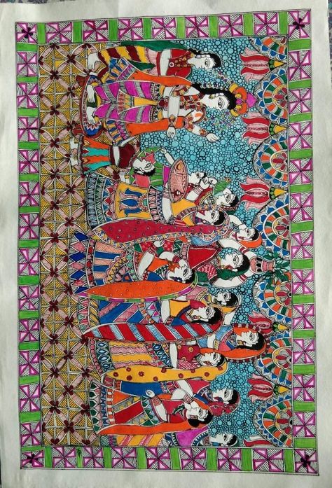 Kamalkari Painting, Madhubani Border, Pattachitra Paintings, Madhubani Paintings Peacock, Mithila Painting, Gond Art, Gond Painting, Madhubani Paintings, High School Art Projects