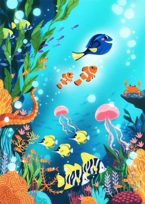 NoWaitWhat — I was asked by delve to create this Finding Dory... Undersea Illustration, Ocean Illustration, Sea Illustration, Underwater Painting, Underwater Scene, Underwater Art, Finding Dory, 수채화 그림, Lukisan Cat Air