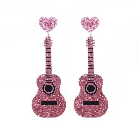 Wacky Earrings, Resin Guitar, Guitar Earrings, Valentines Day Teddy Bear, Hip Hop Girl, Pink Guitar, Long Drop Earrings, Estilo Punk, Heart Drop Earrings