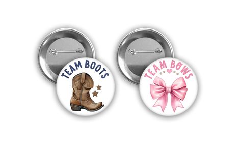 Team Boots or Team Bows themed gender reveal pins. Pink Bow and Brown Boot with navy writing. 2 pin sizes available. Boots Or Bows Gender Reveal, Gender Reveal Pins, Bows Gender Reveal, Themed Gender Reveal, Gender Reveal Baby Shower Themes, Bow Gender Reveal, Blue Text, Gender Party, Gender Reveal Decorations