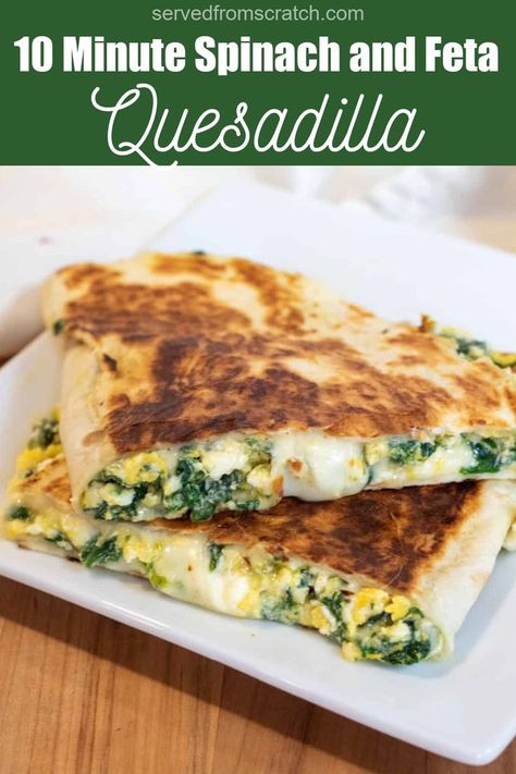 a plate of two quesadillas with spinach, eggs, and cheese with Pinterest pin text. Feta Quesadilla, Feta Breakfast, Spinach And Eggs Breakfast, Breakfast Quesadilla Recipes, Cheese Quesadilla Recipe, Spinach Eggs, Healthy Vegetarian Breakfast, Feta Cheese Recipes, Breakfast Quesadilla