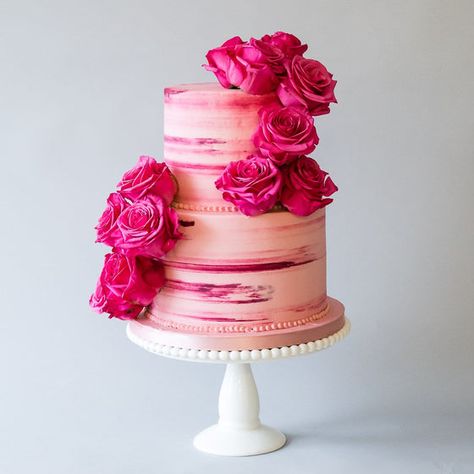 2 Tier Buttercream Cake, Marbled Buttercream, Cake With Fresh Roses, Rose Buttercream, Chocolate Swiss Meringue Buttercream, Iced Cake, Coconut Buttercream, Pretty Wedding Cakes, Fuchsia Wedding