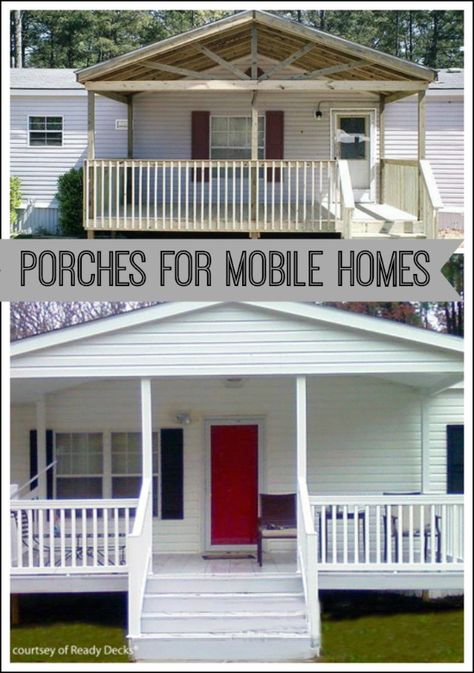 Porches for mobile homes from Ready Decks via Front-Porch-Ideas-And-More.com Porches For Mobile Homes, Manufactured Home Porch Ideas, Mobile Home Porches, Manufactured Home Porch, Mobile Home Redo, Mobile Home Makeovers, Mobile Home Renovations, Manufactured Home Remodel, Porch Ideas For Mobile Homes