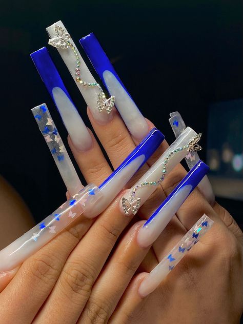 Xxl acrylic nails, blue butterfly nails, blue nails, long acrylic nails, long nails, nail inspo Acrylic Nails Xxl Long, Xl Blue Acrylic Nails, Long Blue Nails With Design, Blue Bottom Acrylic Nails, Long Acrylic Blue Nails, Blue Sets Nails, Blue Diamond Nails Acrylic, Nails Square Long Blue, Long Acrylic Nails Square Blue