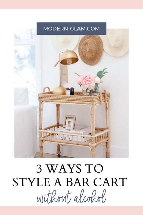 How to style your bar cart without alcohol. 3 unique ideas to decorate your bar cart that don't involve alcohol! Coffee bar cart, bar cart side table and summer drink station. Bar Cart Uses Ideas, Style Bar Cart Without Alcohol, Bar Cart End Table, Bar Cart Alternative Uses, Other Uses For Bar Carts, Bar Cart Styling Ideas Without Alcohol, Non Alcoholic Bar Cart Ideas, Bar Cart Without Alcohol, Small Bar Cart Ideas