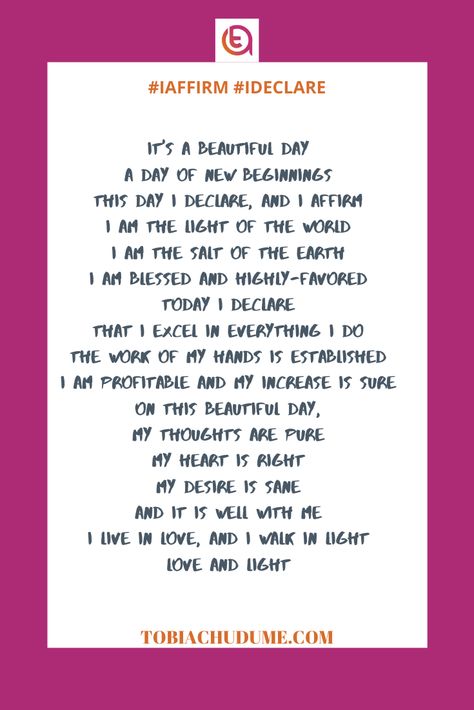 This month of June, I affirm and i declare that it is a beautiful day, a day of new beginnings... #Affirmation #June #2020 #Tachudume #Dailyroutine #Lifestyle #Productivity I Declare, August Month, Month Of June, Salt Of The Earth, Light Of The World, A Beautiful Day, Affirmation Quotes, New Beginnings, Positive Affirmations