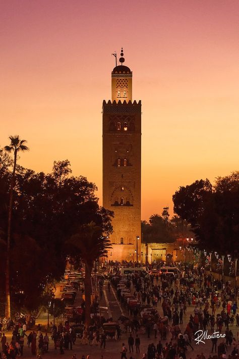 Warm Koutoubia  The most famous mosque of Marrakech at the sunset. The light was warm, the people was beginning to move toward the main square for the nightly dinner, and I was drinking a coke on one of the most famous terraces of the town. Ready with my Nikon...   Follow my Boards and my IG @riccardo_mantero for more! Parenting Photography, Best Sunset, Photography For Beginners, Cool Landscapes, Sunset Pictures, The Sunset, Landscape Photographers, Travel Life, Places Around The World