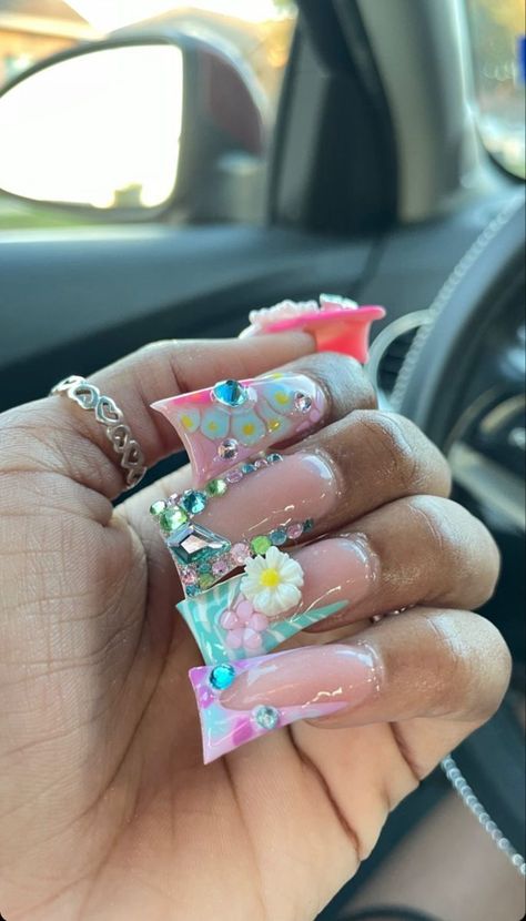 Long Acrylic Nails Charms, Tapered Duck Nails Long, Summer Duck Nails Acrylic, Colorful Duck Nails, Spring Junk Nails, Duck Nails Black Women, Spring Baddie Nails, Flare Nails Acrylics, Khiamonique Tattoo