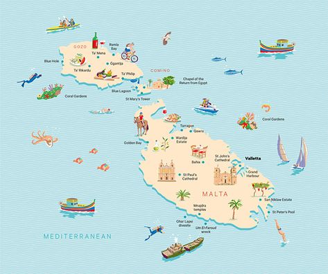 Malta map illustration Beach Map Illustration, Malta Illustration, Malta Honeymoon, Malta Map, Malta Vacation, Malta Food, Malta Travel Guide, Malta Beaches, Gozo Malta