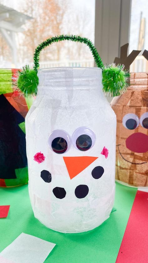 263K views · 966 shares | Holiday Jar Lanterns🎄 follow @abcdeelearning for more craft ideas Make these jar lanterns for the holiday season! 💚Add mod podge to a jar and place tissue paper squares on top ❄️Add another layer of mod podge on top of the tissue paper 🎄We made a tree, snowman, and reindeer ☃️I added black cardstock for the tree, eyes, pipe cleaners and poms for the snowman and eyes and paper for the reindeer 🎅🏻Hot glue these items on your jar ❤️Place battery operated lights inside the jar to display | Deena Keller | All Souls Orchestra · Sleigh Ride [Instrumental] Holiday Mason Jar Crafts, Tree Eyes, Christmas Countdown Crafts, Tissue Paper Lanterns, Holiday Mason Jar, Preschool Crafts Fall, Lantern Craft, Christmas Vases, Construction Paper Crafts