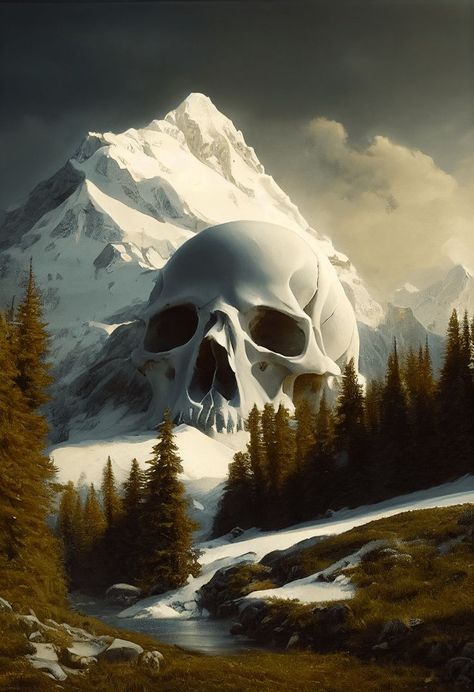 Hyper-realistic mountain in form skull, snowy, Painting by Ivan Shishkin, Hyperdetailed, Pyrenees, Mountains, river, trees, Beautiful, Cinematic lighting, raking sunlight, shadows, Intricate detail, detailed Mountain Of Skulls, Dark Skull Art, Snowy Painting, Skull Mountain, Ivan Shishkin, Pyrenees Mountains, Skull Poster, Trees Beautiful, Dragon Tattoo Art