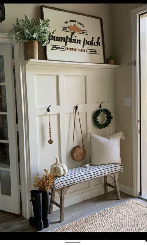 Board And Batten Wall Small Entryway, Country Style Entry Way, Narrow Hallway Drop Zone, Wood Covered Walls, Board And Batten Entryway With Bench, Rounded Entryway, Corner Entryway Ideas, Entry Way Wall Ideas, Narrow Entryway Ideas