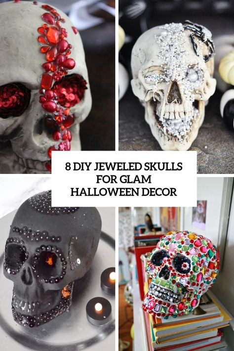 Bedazzled Diy Ideas, Diy Witchy Wedding Decorations, Bedazzled Skull Head, Diy Halloween Skull Decorations, Styrofoam Skull Crafts, Skull Crafts Diy, Skull Decorating Ideas, Diy Skull Decor, Skull Halloween Decorations