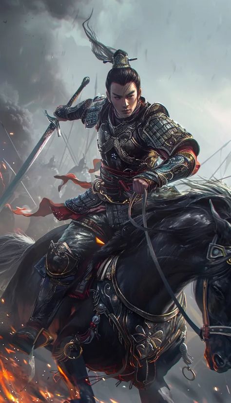 The picture shows a Chinese warrior on a black horse. He is wearing a black and red armor and a helmet with a long white plume ->> more details in ai-img-gen.com Black And Red Armor, Red Armor, Chinese Armor, Battle Scene, Chinese Warrior, Black Horse, Battlefield, Picture Show, Art Images