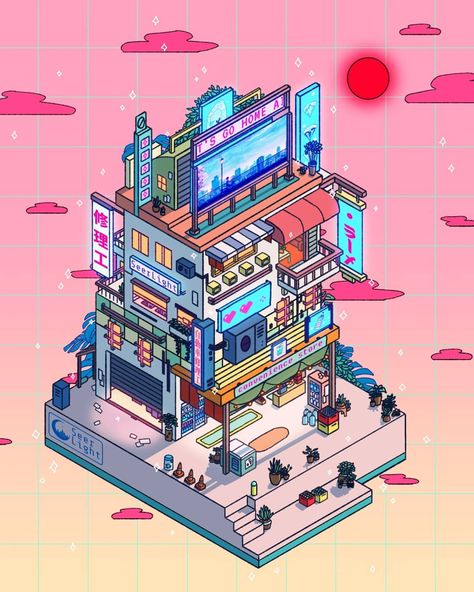 Vaporwave City, Digital Doodles, Artwork Inspiration, Corner Store, Isometric Art, Isometric Illustration, Website Illustration, Abstract Texture, Digital Art Illustration