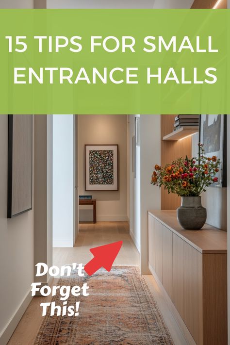 15 tips for small entrance halls with a red arrow pointing towards the hallway and text saying "Don't Forget This!" Foyer Small House, Functional Foyer Ideas Entryway, Wall Tree Entryway, Entrance Hall Small, Narrow Entrance Hall Ideas, Small Entryway Ideas Narrow Hallways, Foyer Small, Foyer Design Modern Entrance, Small Entrance Hall Ideas