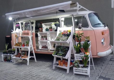 Volkswagen Flower Truck, Flower Truck Business, Flower Delivery Van, Mobile Flower Shop, Vw Flower, Flower Trailer, Plant Truck, Plant Bar, Farm Market Ideas