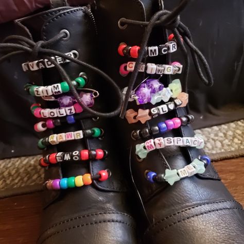 Kandi Shoe Laces, Kandi Shoes, Rockstar Girl, Scene Kandi, Alt Shoes, Kandi Beads, Kandi Inspo, Genderfluid Pride, Diy Kandi Bracelets