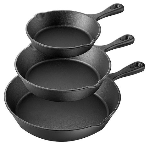 "Purchase the MegaChef Pre-Seasoned 3 Piece Cast Iron Skillet Set at Michaels. com. The MegaChef 3 piece cast iron skillet set with is perfect for sautÃ©ing, searing, pan-frying, baking, broiling and roasting all your favorite meals. The MegaChef 3 piece cast iron skillet set with is perfect for sautÃ©ing, searing, pan-frying, baking, broiling and roasting all your favorite meals. With the lifelong durability and versatility, the cast iron skillets combine rich heritage with modern needs. Offeri Season Cast Iron Skillet, Cast Iron Skillet Cooking, Cast Iron Set, Cast Iron Cookware Set, Cast Iron Skillets, Cast Iron Frying Pan, Skillet Pan, Seasoning Cast Iron, Skillet Cooking