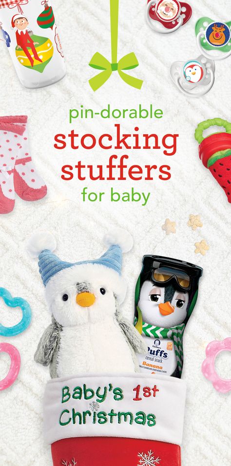 Pin-dorable Stocking Stuffers for Baby - Wondering what to put into baby’s Christmas stocking? Here are some simple ideas to turn it into something really special. First, fill it with little things like a holiday bib, bottle or sip cup. Then, add a stuffed toy and a healthy snack or two. No need to wrap, so your little one can get to the holiday surprises inside. Finally, hang it with care and wait for Santa to visit! #BRUChristmas Stocking Stuffers For Babies, Toddler Stocking Stuffers, Stocking Stuffers For Boys, Stocking Stuffers For Baby, Baby Stocking, Stocking Stuffer Ideas, Best Stocking Stuffers, Cute Christmas Tree, Baby's First Christmas