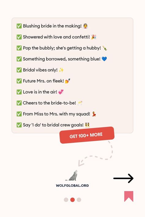 A joyous bride-to-be with friends at a bridal shower, with Instagram engagement icons.
An infographic with bridal checklist phrases, emojis, and a "GET 100+ MORE" button.
A woman with a laptop, surrounded by social media icons, promoting an Instagram Engagement Pod. Fit Captions, Shower Captions, Sassy Instagram Captions, Bridal Shower Photos, From Miss To Mrs, Perfect Word, Happy Tears, Wedding Vows, New Chapter