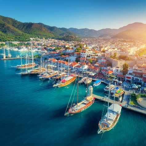 Aerial view of boats and beautiful architecture at sunset in Marmaris, Turkey Best Honeymoon Destinations, Kusadasi, Mediterranean Coast, Pamukkale, Belek, Coastal Cities, Seaside Resort, Marmaris, Dream Travel Destinations