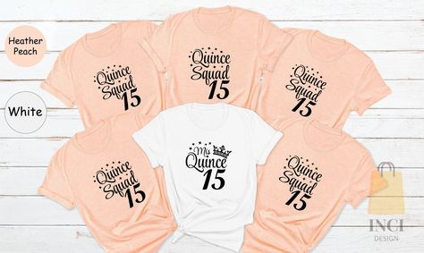 Custom Mis Quince Shirt, Fifteenth Birthday T-shirt, Mis Quince Squad Shirt, Sweet 15 Gift Shirt, 15th Birthday Shirt, Family Birthday Shirt  - Please Check All Photos for Details -  Due to monitor differences, actual colors may vary slightly from what appears online - I'm working with different brands based on the availability. Different styles of shirts may have different shades of same color due to different manufacturer brands. If you have a preferred brand, please let me know. -----  DESIGN Xv Squad Shirts, Quince Squad Shirts, Quince Shirts Ideas, Quince Shirts, Fifteenth Birthday, Pink Shirts, Olive Shirt, Family Birthday Shirts, White Heather