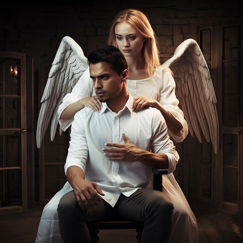 a female angel is standing behind and giving a shoulder massage to a distressed man who is sitting Female Angel, Shoulder Massage, Pose References, Pose Reference, Art Inspo, Leadership, Massage, Art Inspiration, Angel