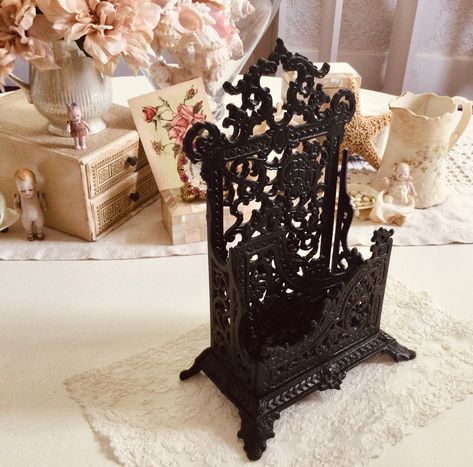 "Cast iron ornate footed letter holder. 8.5\" in height, 5.5\" wide, 5\" deep. This is a great vintage piece to add the perfect touch to your Paris Apartment, French Farmhouse, Seaside, Cottage Chic, or Romantic Decor and it remains in excellent condition. Thank you for looking!" Goth Trinkets, Cute Etsy Finds, Goth Vanity, Goth Farmhouse, Dark Academia Diy, Pink Poison, Dark Academia Home, Letter Sorter, Gothic Kitchen