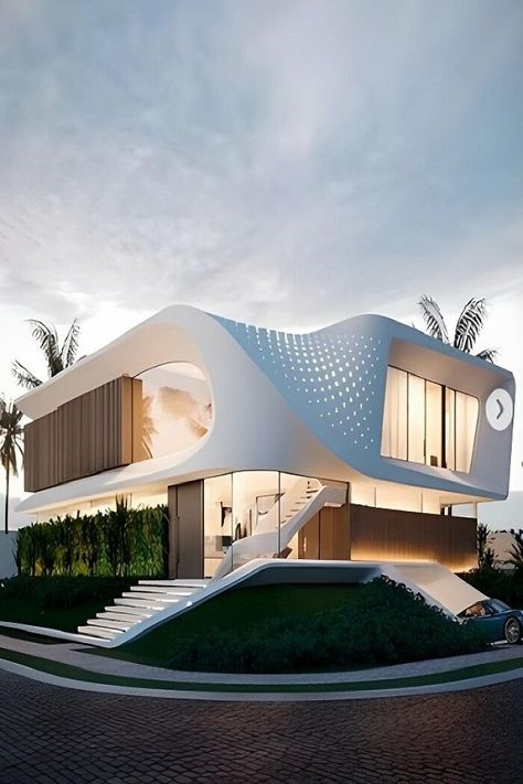 Exterior-Home-Design-Twitter Futuristic Villa Design, Unique Houses Exterior, House Outer Design, Contemporary House Exterior, Futuristic Home, Modern Architecture Building, Architect Design House, Architecture Model House, Architecture Building Design