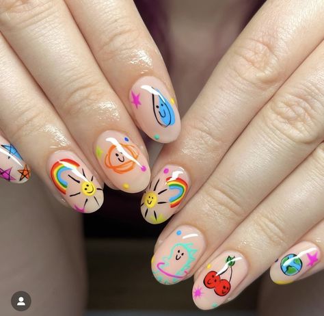 Nails Teacher Designs, Prek Teacher Nails, Daycare Teacher Nails, Shaded Nail Art, Elementary Teacher Nails, Preschool Teacher Nails, Fun Birthday Nail Designs, Art Teacher Nails, Funky Gel Nail Designs