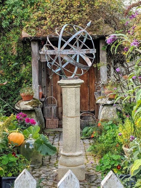 50cm Verdigris Armillary Sphere on Cupolar plinth. Handmade and installed by Border Sundials. Landscape Spheres, Armillary Sphere Aesthetic, Sundials In The Garden, Armillary Sphere Garden, Brick Courtyard, Armillary Sphere, Garden Obelisk, Witch Garden, Sundials