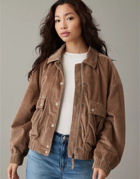 AE Corduroy Bomber Jacket Suede Outfit, Brown Corduroy, Women's Jackets, Brown Jacket, Bomber Jackets, Plaid Jacket, Corduroy Jacket, Outfit Inspo Fall, Fall Jackets