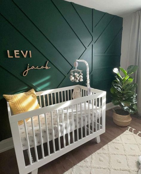 Sarah | Nursery Decor & Design on Instagram: “Moody green wood accent walls were trending all throughout 2021 - what will the next trend be?!⁠ ⁠ ⁠ Light and bright, dark and moody,…” Wood Wall Nursery, Wood Accent Walls, Nursery Inspiration Boy, Modern Nursery Design, Nursery Designs, Dreamy Nursery, Green Accent Walls, Nursery Name Sign, Wood Accent Wall