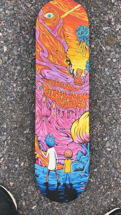 Rick And Morty Skateboard, Skateboard Ideas Design, Cool Skateboards Designs, Skate Board Designs, Skateboard Art Design Ideas, Skateboard Decks Design, Skateboard Design Ideas, Custom Skateboard Art, Skateboard Painting Ideas