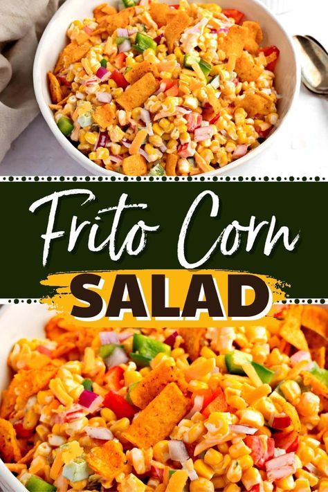 This Frito corn salad is a party on a plate! It's packed with corn, bell peppers, onions, cheese, and crunchy Fritos. You'll love every irresistible bite! Fritos Corn Salad Recipe, Crunchy Frito Corn Salad, Fritos Cowboy Cabbage, Chili Frito Corn Salad, Fast Potluck Ideas, Chili Cheese Frito Corn Salad, Frito Corn Salad Recipe, Corn Chip Salad, Frito Salad