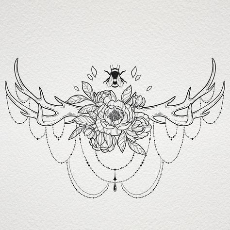 Line art of floral antler deer sternum tattoo design art Deer Antler Tattoos, Sternum Piece, Chest Tattoo Female Upper, Chest Neck Tattoo, Antler Tattoos, Antler Tattoo, Deer Skull Tattoos, Sternum Tattoo Design, Cowgirl Tattoos