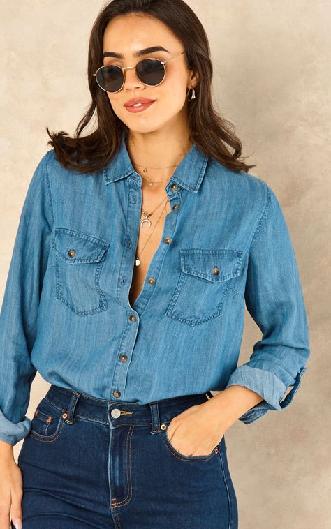 A denim shirt is a wardrobe staple, and this lightweight style is perfect for the upcoming season. Ideal as an extra layer or worn alone. Rock with blue jeans for a double-denim noughties inspired look. Summer, Winter, Date night in, Staycation, jeans-and-a-nice-top, Evergreen, Going Out, Basic, Denim, Long Sleeve, Breastfeeding, A-Line, Shirt Blue Denim Shirt Women Outfit, Jean Shirt Outfit, Denim Shirt Outfit Women, Jean Shirt Outfits, Denim Shirt Women, Light Denim Shirt, Denim Shirt Outfit, Winter Date Night, Look Summer