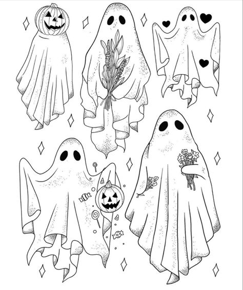 Tattoo Flash Sheets Halloween, Halloween Tattoo Ideas Flash, Halloween Doodle Tattoo, Spooky Tattoo Flash Sheet, Halloween Sticker Tattoo, Cute Sheet Ghost Drawing, Cute Sheet Ghost Tattoo, Halloween Outline Tattoo, Ghost Flash Art