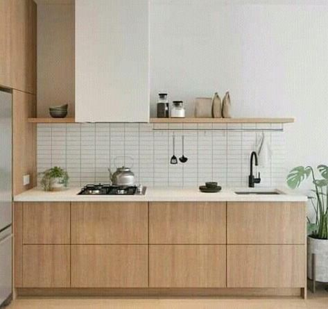 Modern Minimalist Interior Design Kitchen, Japandi Interior Apartment, Timber Laminate Kitchen, Modern Kitchen With Floating Shelves, Minimalist Townhouse Interiors, Two Wall Kitchen, Japanese Apartment Kitchen, Japandi Kitchen Island, Scandinavian Farmhouse Kitchen