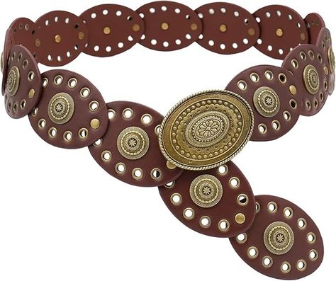 BAOKELAN Oval Disc Belts for Women Wide Leather Concho Belt Boho Western Waist Belts for Dresses Brown 150cm/59in at Amazon Women’s Clothing store Disc Belt, Belts For Dresses, Cowgirl Belts, Waist Belts, Concho Belt, Branded Belts, Vintage Cowboy, Time Design, Cowboy Western