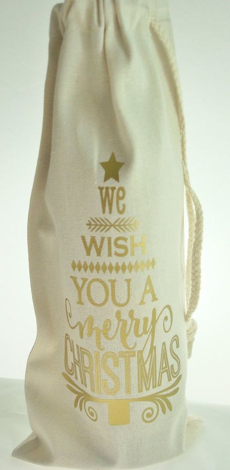 We Wish You A Merry Christmas Muslin Wine Bottle Bag with Drawstring - Choice of 24 Colors | Christm Block Decorations, Christmas Wine Gift, Beer Crafts, Christmas Wine Bags, Holiday Bags, Christmas Goodie Bags, Wine Christmas Gifts, Wine Bags, Wine Bottle Bag