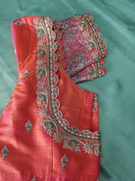 Peach Color Blouse Maggam Work, Orange Blouse Maggam Work Designs, Jari Work Embroidery, Latest Maggam Work Blouses, Magam Work, Blouse Maggam Work, Long Blouse Designs, Latest Bridal Blouse Designs, Blouse Designs Catalogue