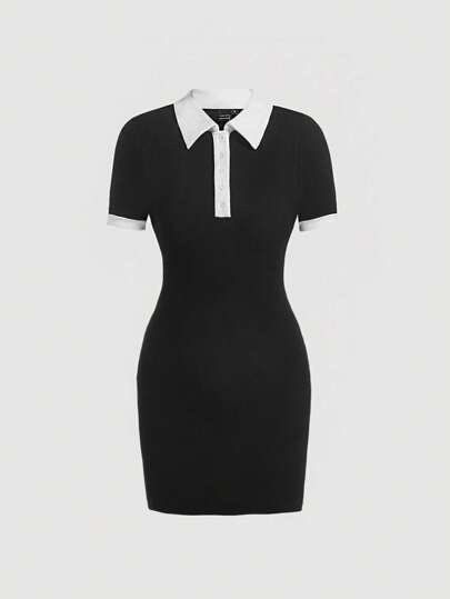 Collared Dresses, Dress India, India Dress, Quick Outfits, Neck Bodycon Dress, Long Sleeve Short Dress, Polo Neck, Just Girly Things, Contrast Trim