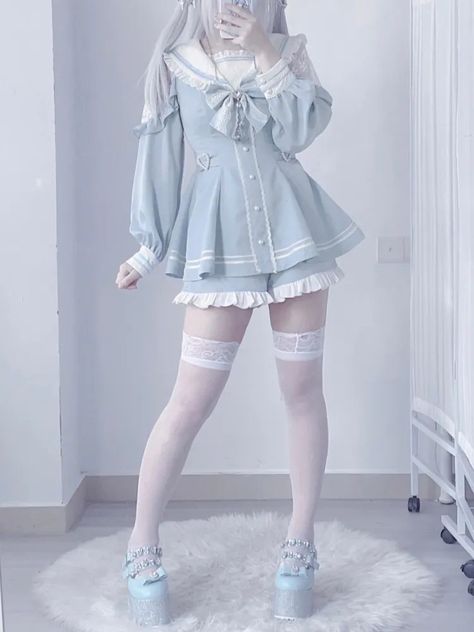 Mizuiro Outfit, Jirai Kei Blue, Blue Cutecore Outfit, Kawaii Kei Outfit, Blue Kawaii Outfit, Jirai Kei Outfit Ideas, Cute Blue Outfits, Jirai Kei Outfits, Kawaiicore Outfit