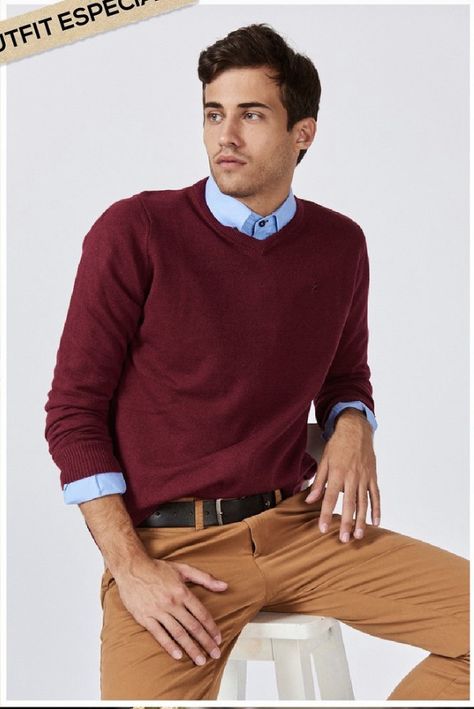 Dark Red Shirt Outfit Men, Smart Casual Men Winter, Blue Trousers Outfit Men, Maroon Sweater Outfit, Chaps Fashion, Blue Trousers Outfit, Red Shirt Outfits, Capsule Wardrobe Men, Trousers Outfit Men