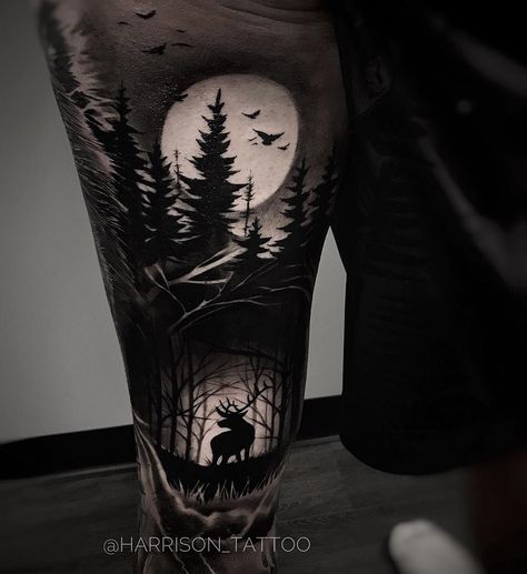 Back of thigh piece entitled 'Shadow Realm' with a deer in the woods, the moon and birds above in a dark sky. Tattoo by Harrison M-H, an artist based in Perth, Australia. Natur Tattoo Arm, Thigh Piece Tattoos, Deer Tattoo Designs, Stag Tattoo, Hirsch Tattoo, Shadow Realm, Shadow Tattoo, Nature Tattoo Sleeve, Wolf Tattoo Sleeve