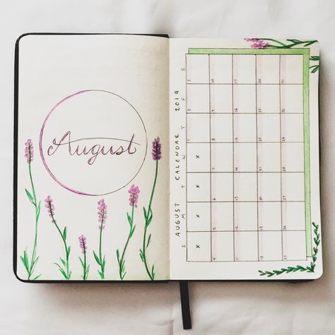 This is my calendar spread for the month of August with lavender flowers. Purple and green. August Bullet Journal Calendar, America Crafts, Summer Bullet Journal, Bullet Journal Calendar, August Bullet Journal, Planner Making, Bullet Journal August, August Crafts, Calendar Themes